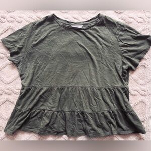 Women’s Olive Green Short Sleeve Blouse - Tiered Ruffle Dressy Top, Size M